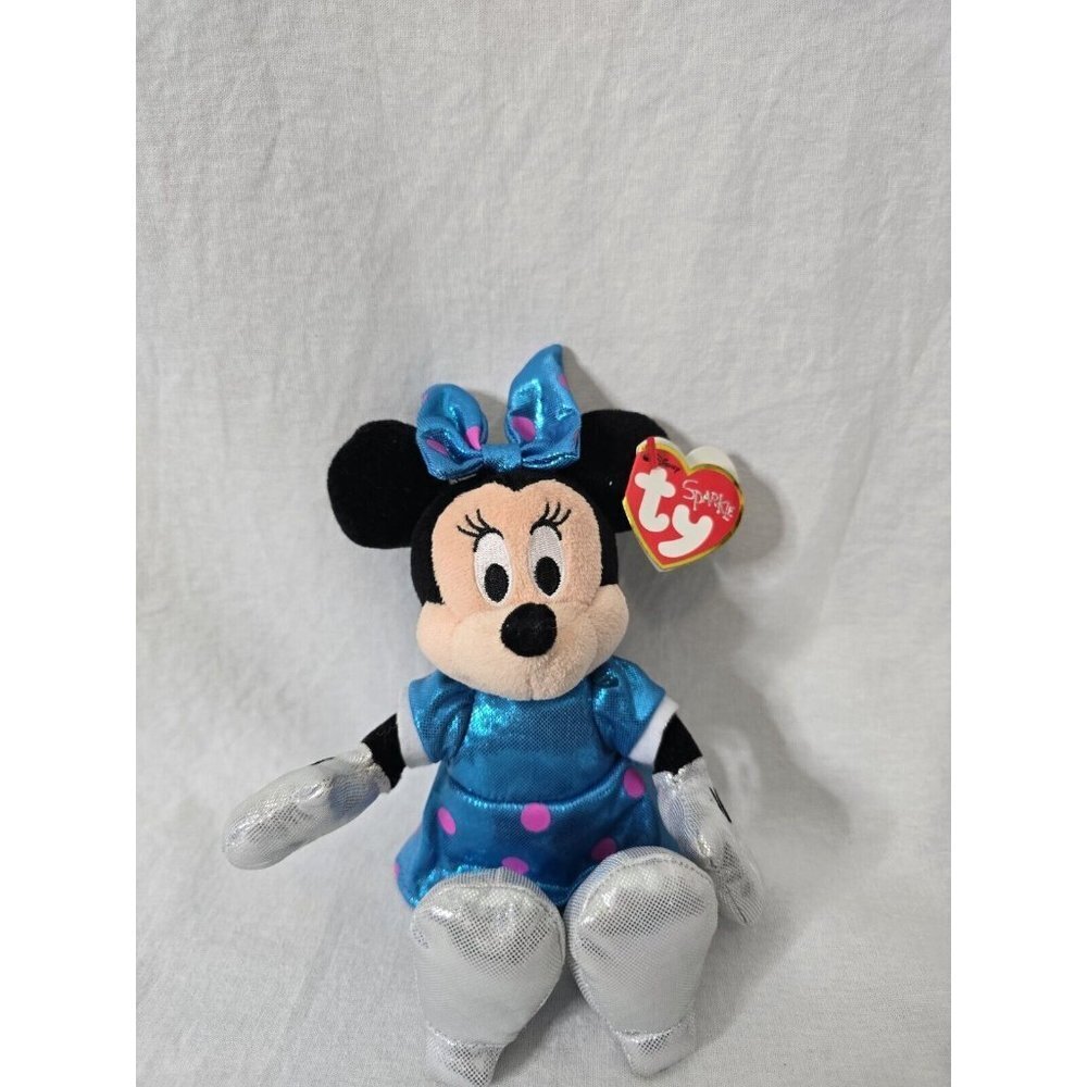 Disney Ty Beanie Babies Sparkle Minnie Mouse Blue Dress Pink Polka Dots- NWT